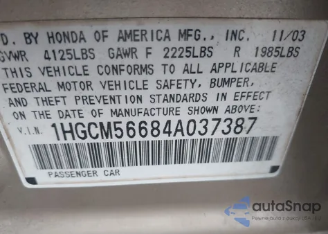 2004 Honda Accord 2.4 Ex из США, поврежденный, VIN 1HGCM56684A037387